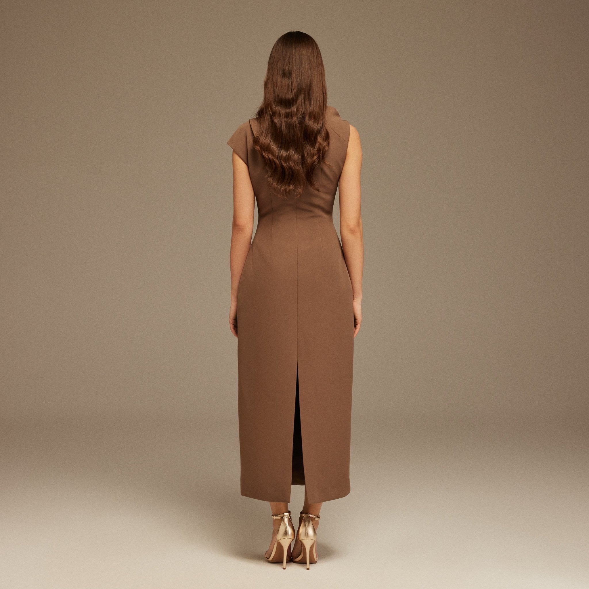Brown Draped Shoulder Short Sleeve Midi Dress – shopaleena