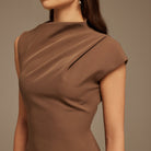 Brown Draped Shoulder Short Sleeve Midi Dress - shopaleena