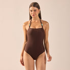 Brown Halter Neck One Piece Swimsuit - shopaleena
