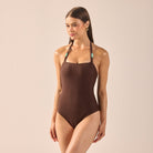 Brown Halter Neck One Piece Swimsuit - shopaleena
