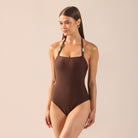 Brown Halter Neck One Piece Swimsuit - shopaleena