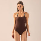 Brown Halter Neck One Piece Swimsuit - shopaleena