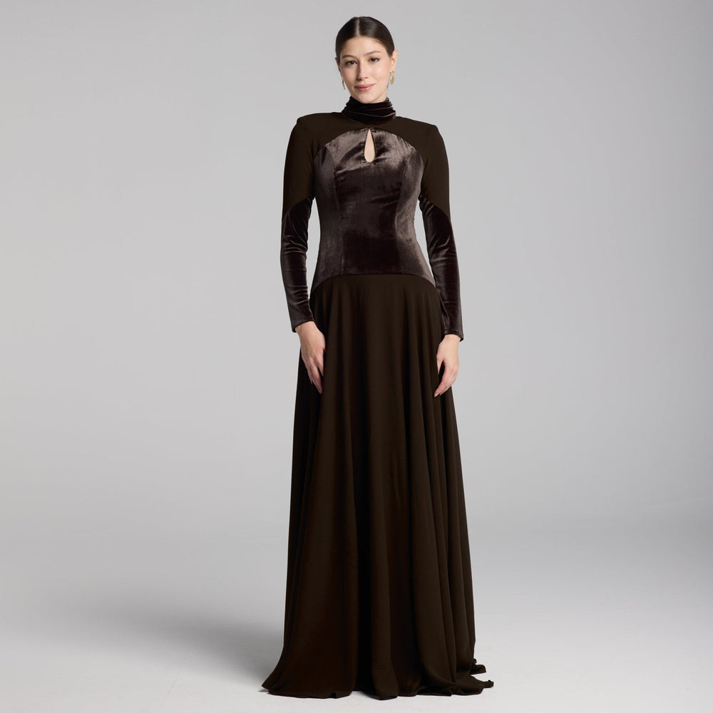 Brown High Neck Crepe and Velvet Maxi Dress - shopaleena