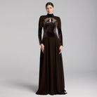 Brown High Neck Crepe and Velvet Maxi Dress - shopaleena