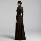 Brown High Neck Crepe and Velvet Maxi Dress - shopaleena