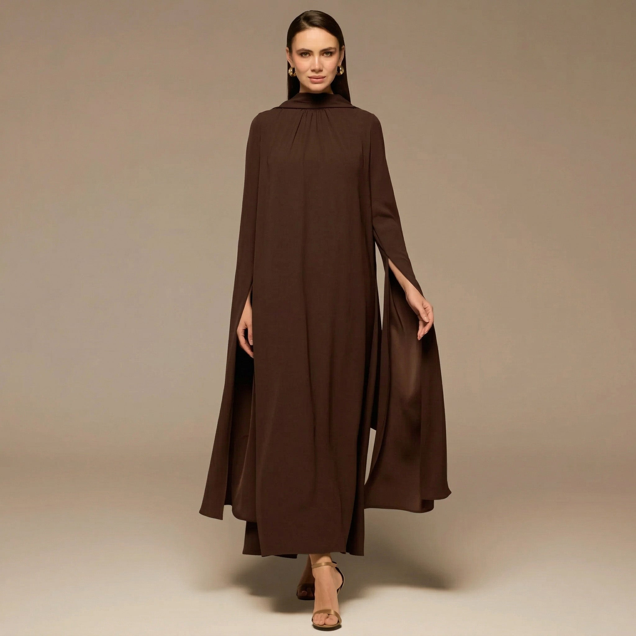 Brown High Neck Long Flared Sleeve Maxi Dress - shopaleena