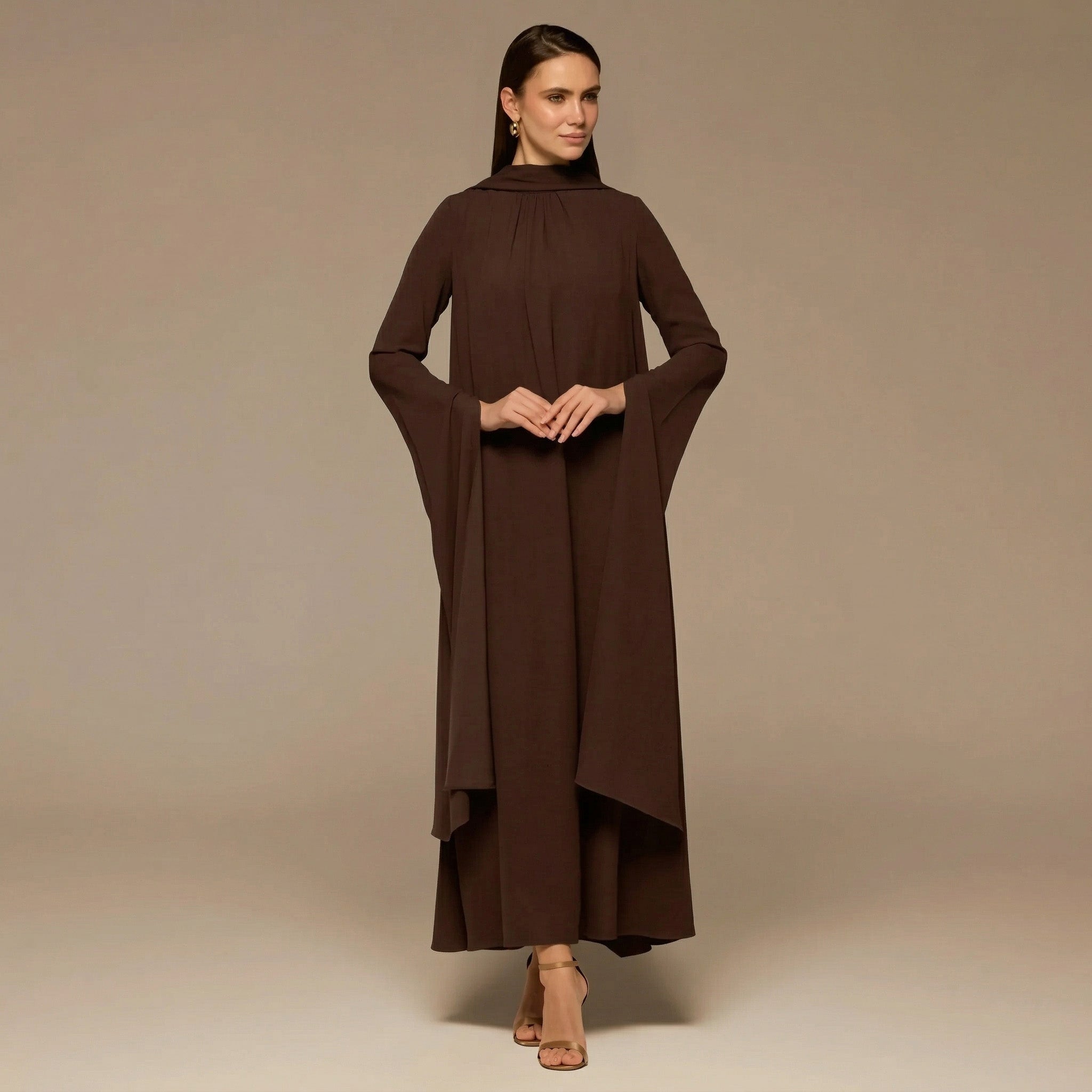 Brown High Neck Long Flared Sleeve Maxi Dress - shopaleena