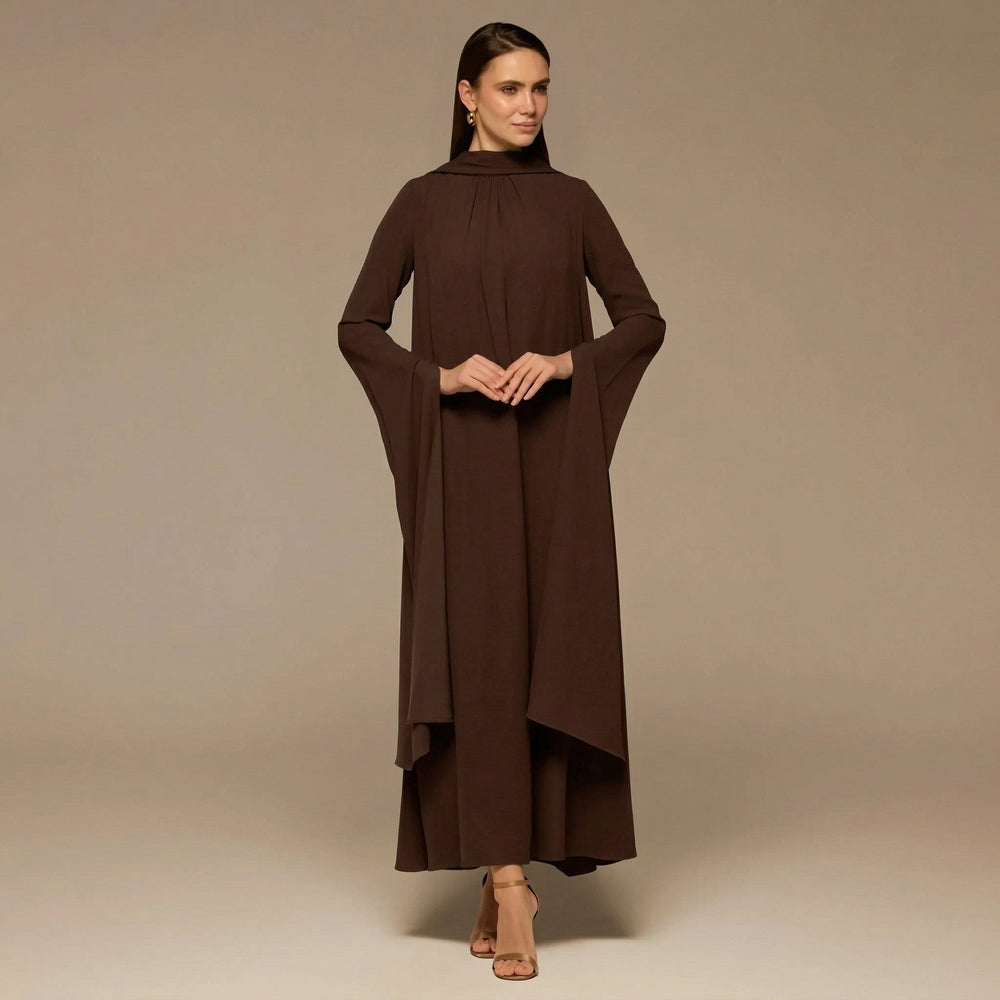 Brown High Neck Long Flared Sleeve Maxi Dress - shopaleena