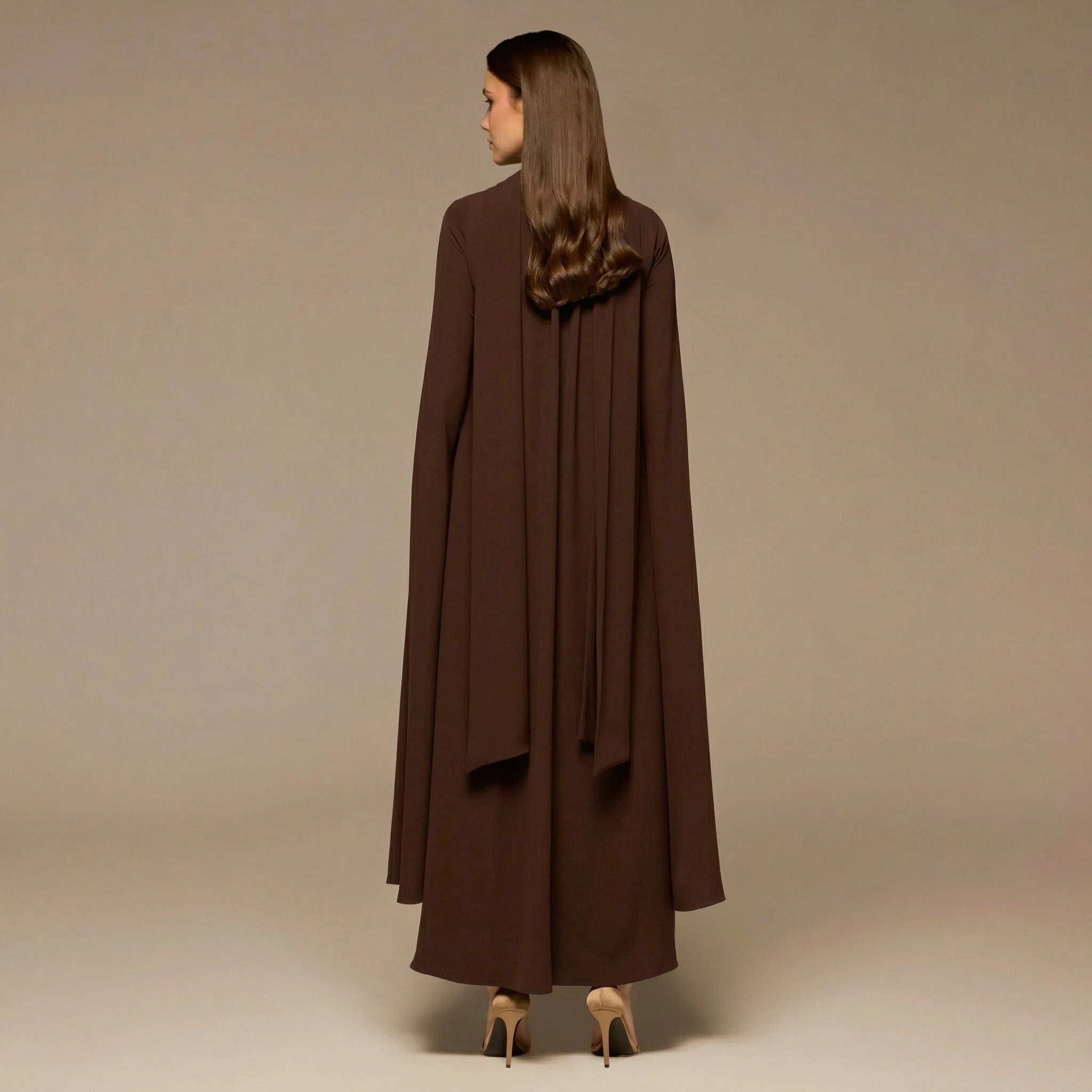 Brown High Neck Long Flared Sleeve Maxi Dress - shopaleena