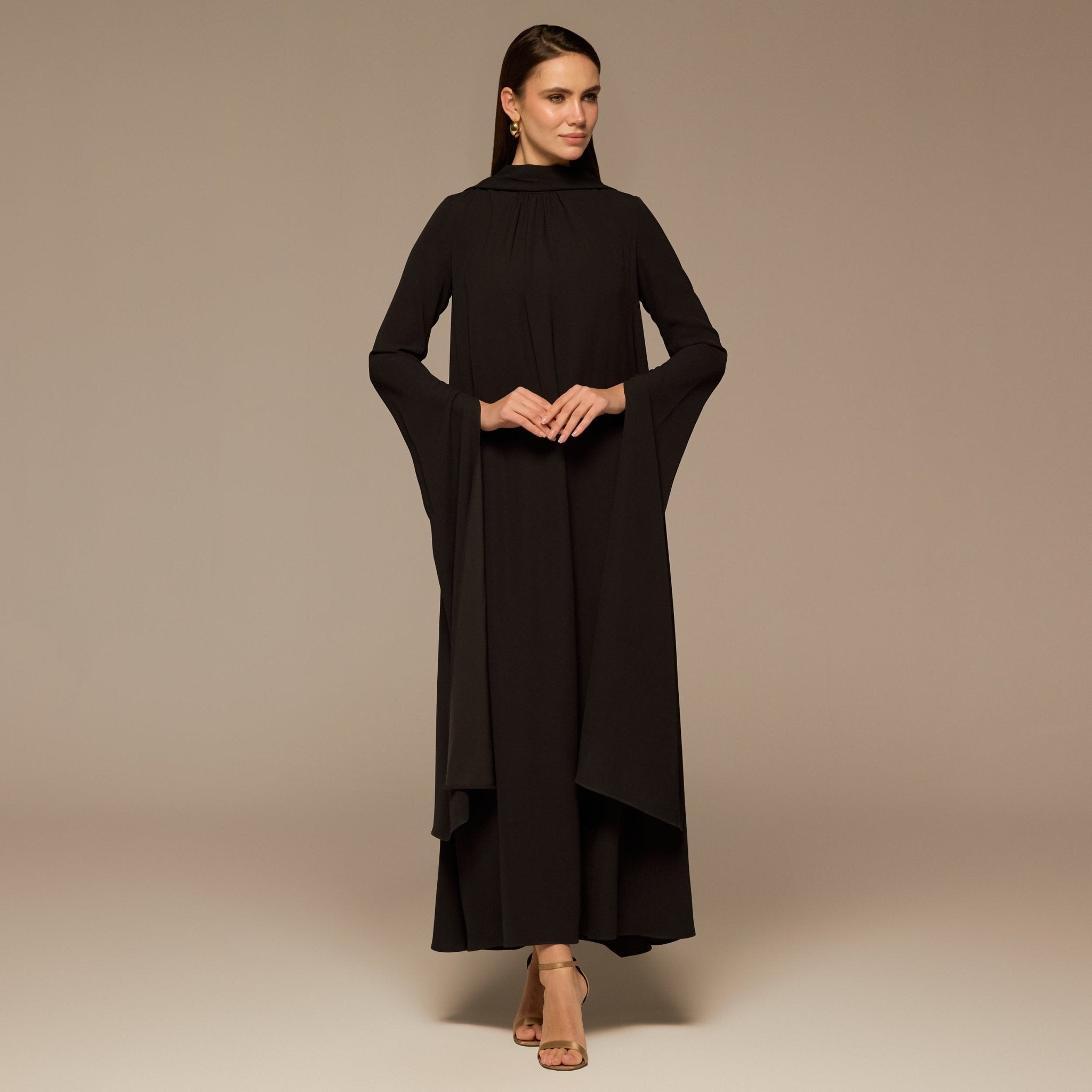 Brown High Neck Long Flared Sleeve Maxi Dress - shopaleena