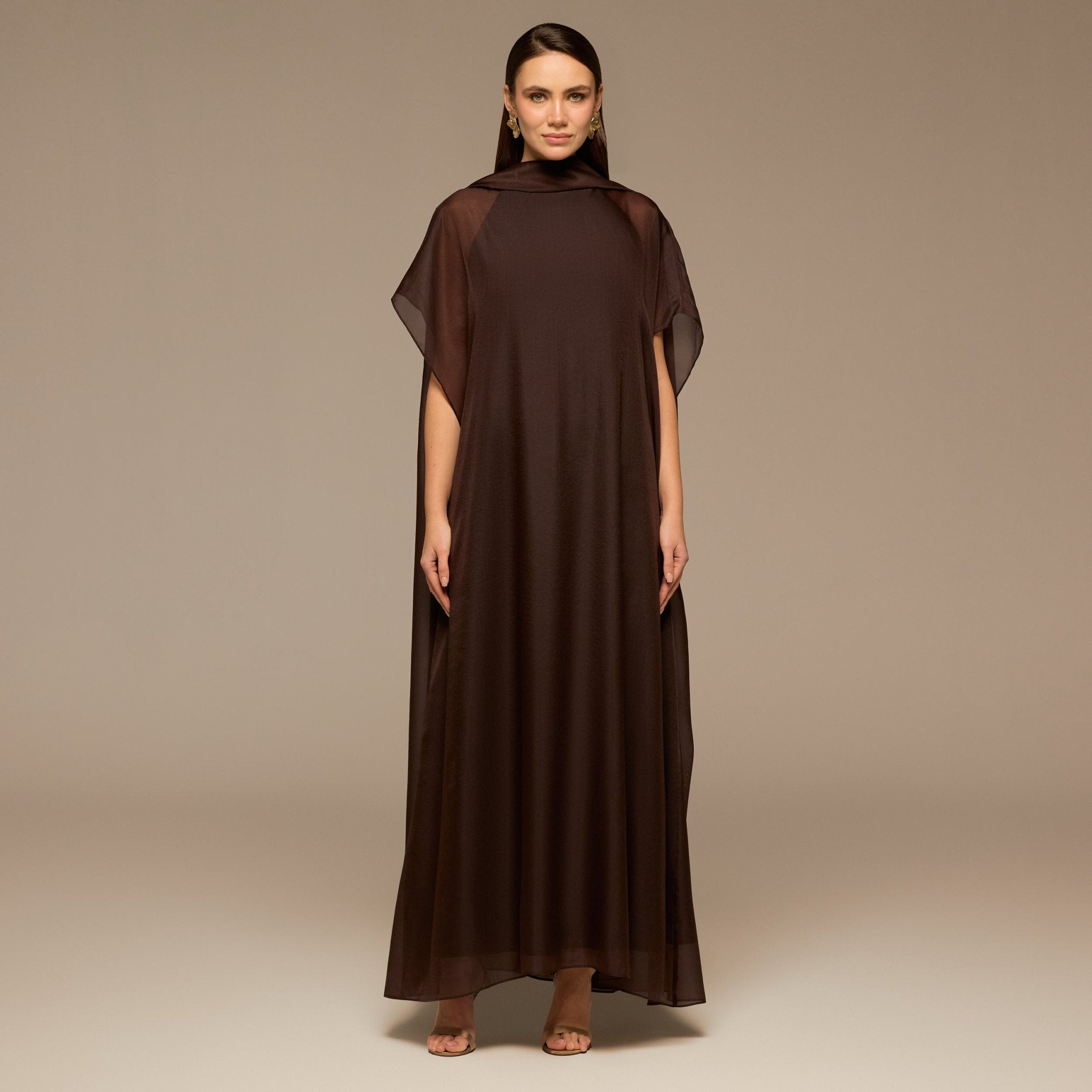 Brown High Neck Maxi Dress With Cape - shopaleena