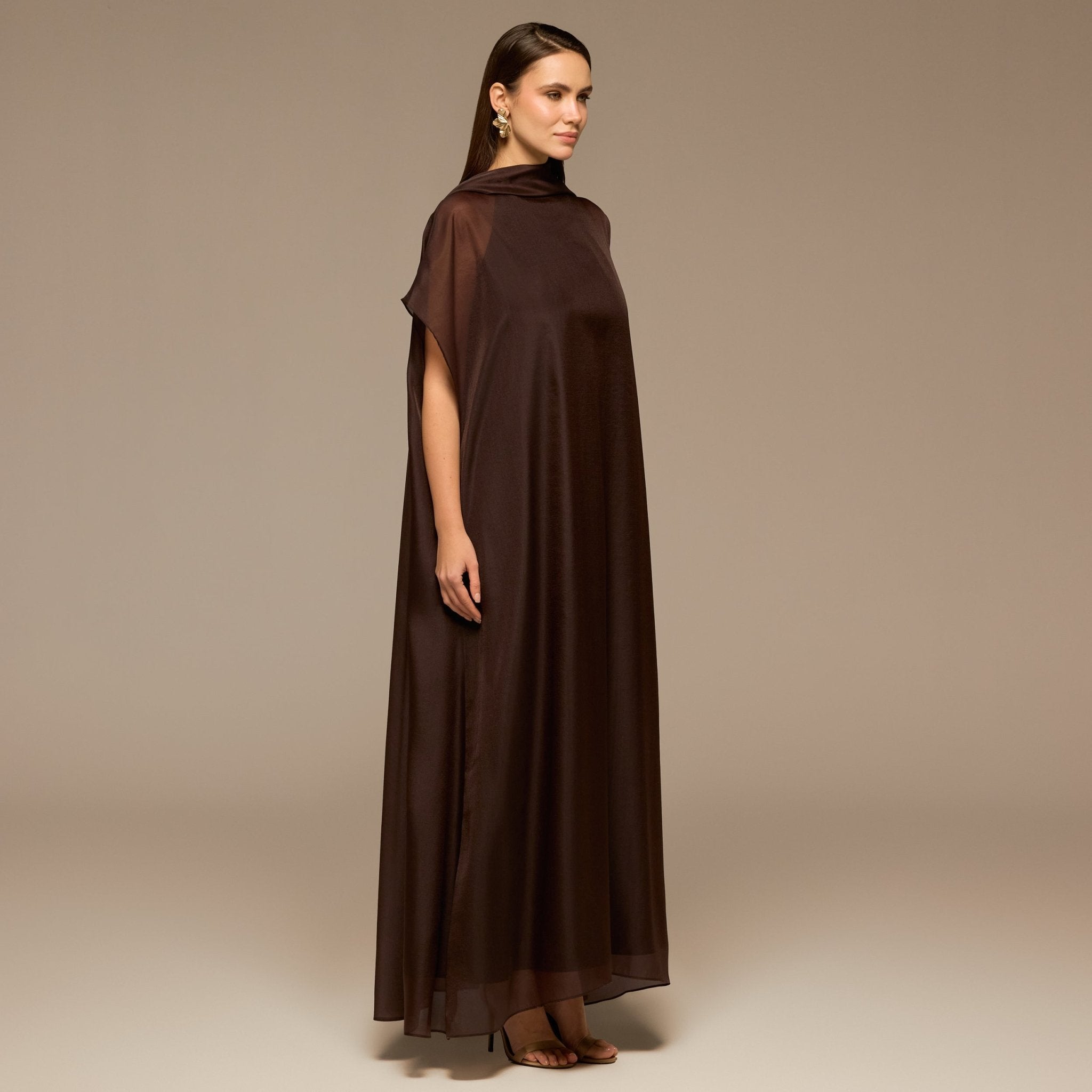 Brown High Neck Maxi Dress With Cape - shopaleena