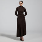 Brown Jersey Asymmetric Neck Midi Dress - shopaleena