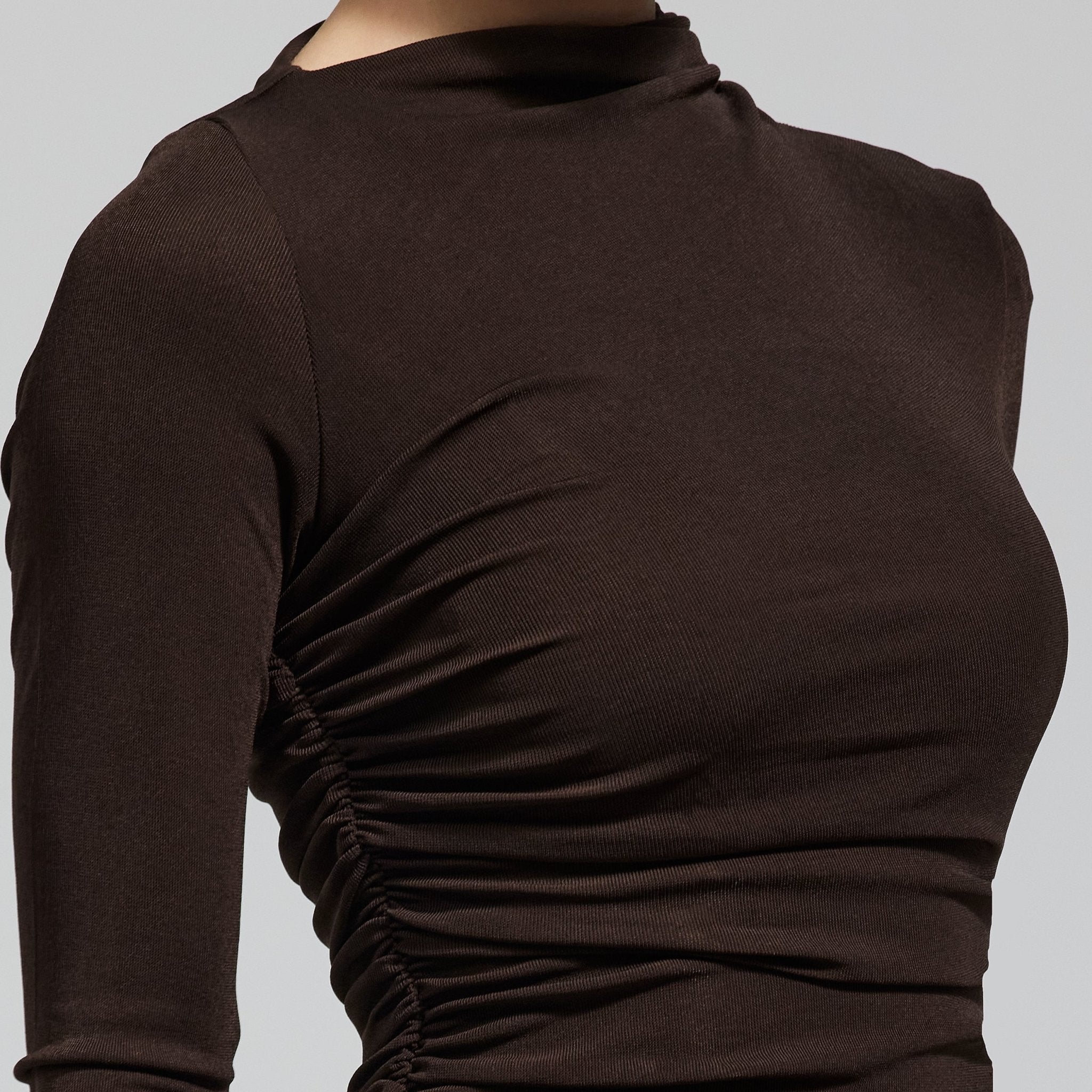 Brown Jersey Asymmetric Neck Midi Dress - shopaleena