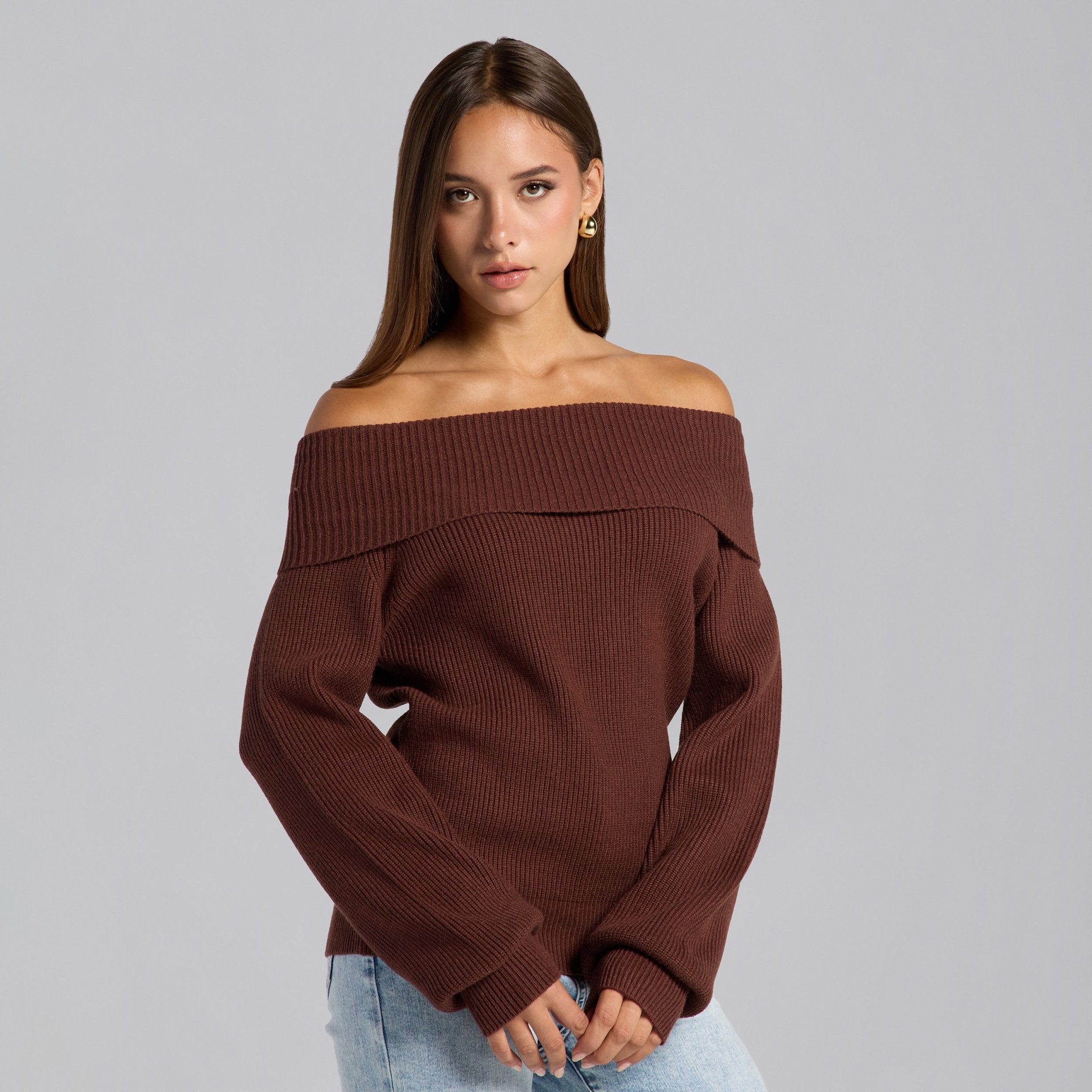 Brown Knit Fold Off Shoulder Balloon Sleeve Sweater - shopaleena