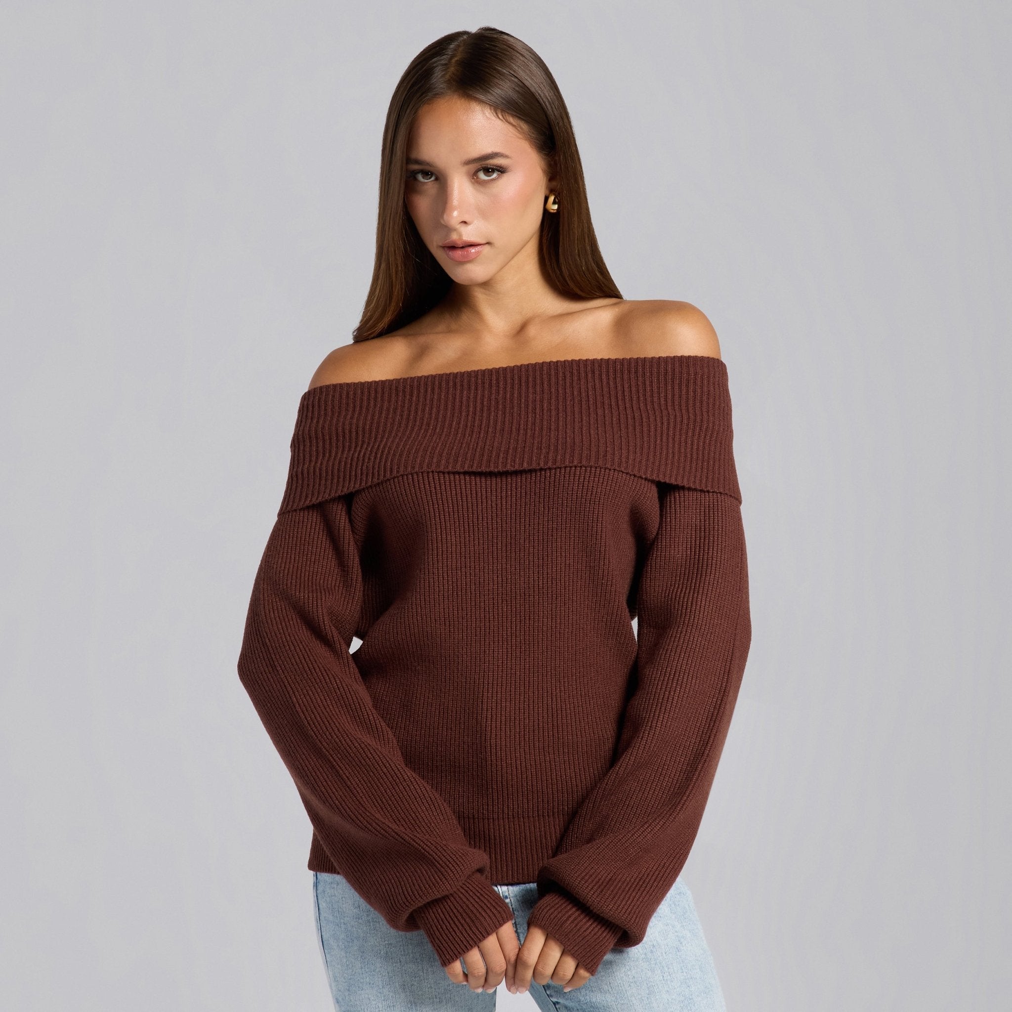 Brown Knit Fold Off Shoulder Balloon Sleeve Sweater - shopaleena