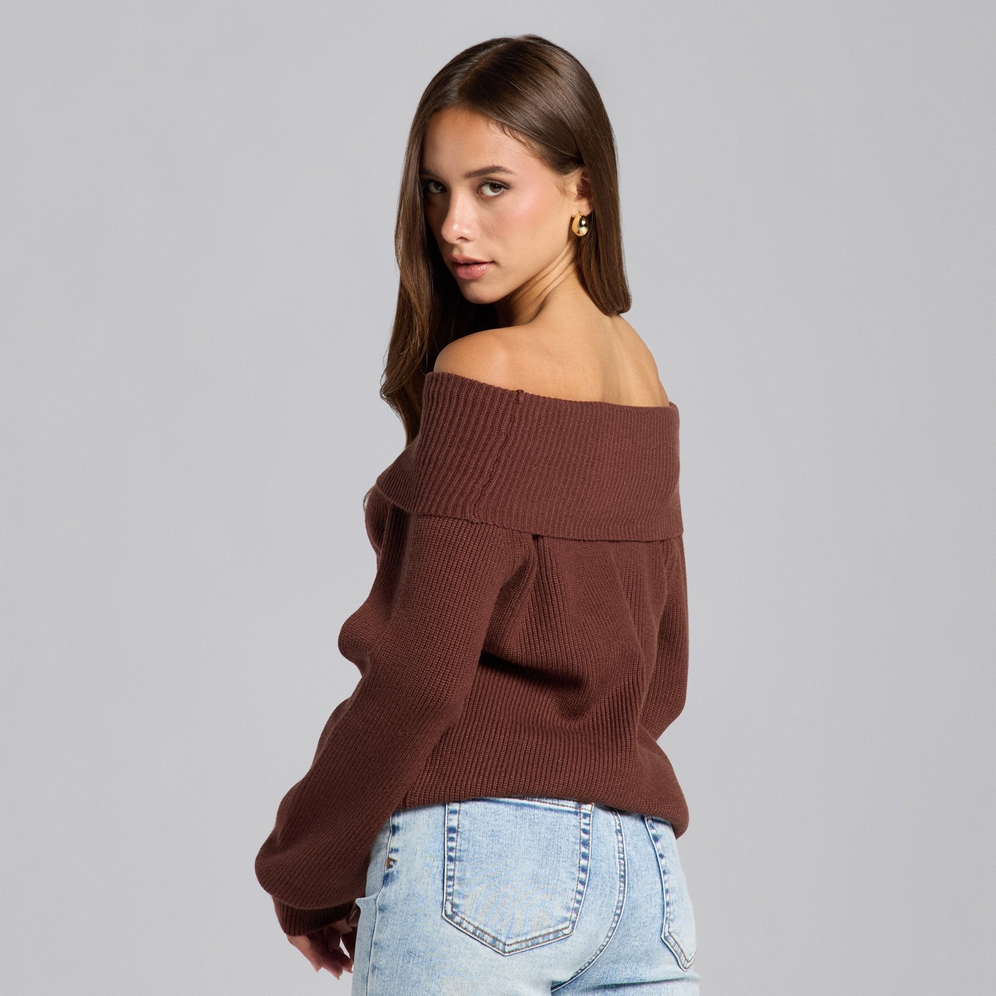 Brown Knit Fold Off Shoulder Balloon Sleeve Sweater - shopaleena
