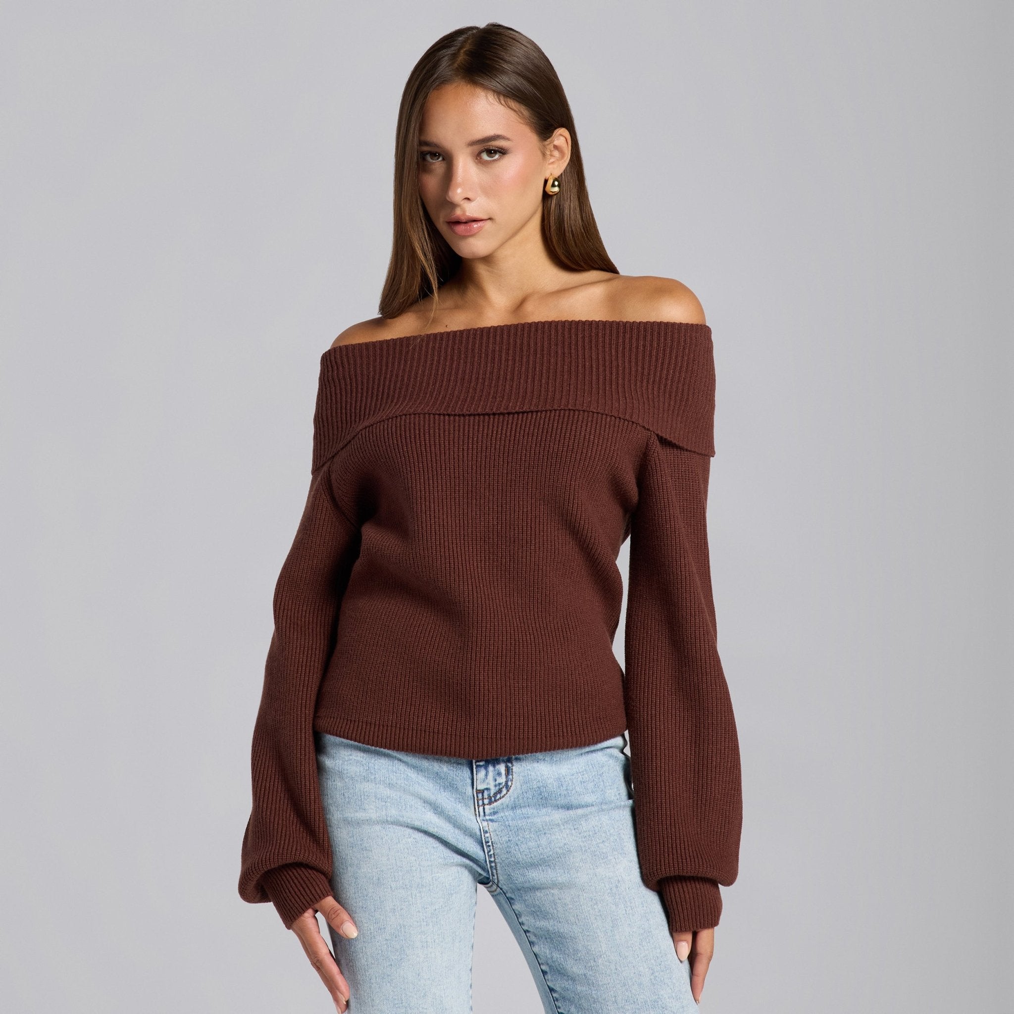 Brown Knit Fold Off Shoulder Balloon Sleeve Sweater - shopaleena