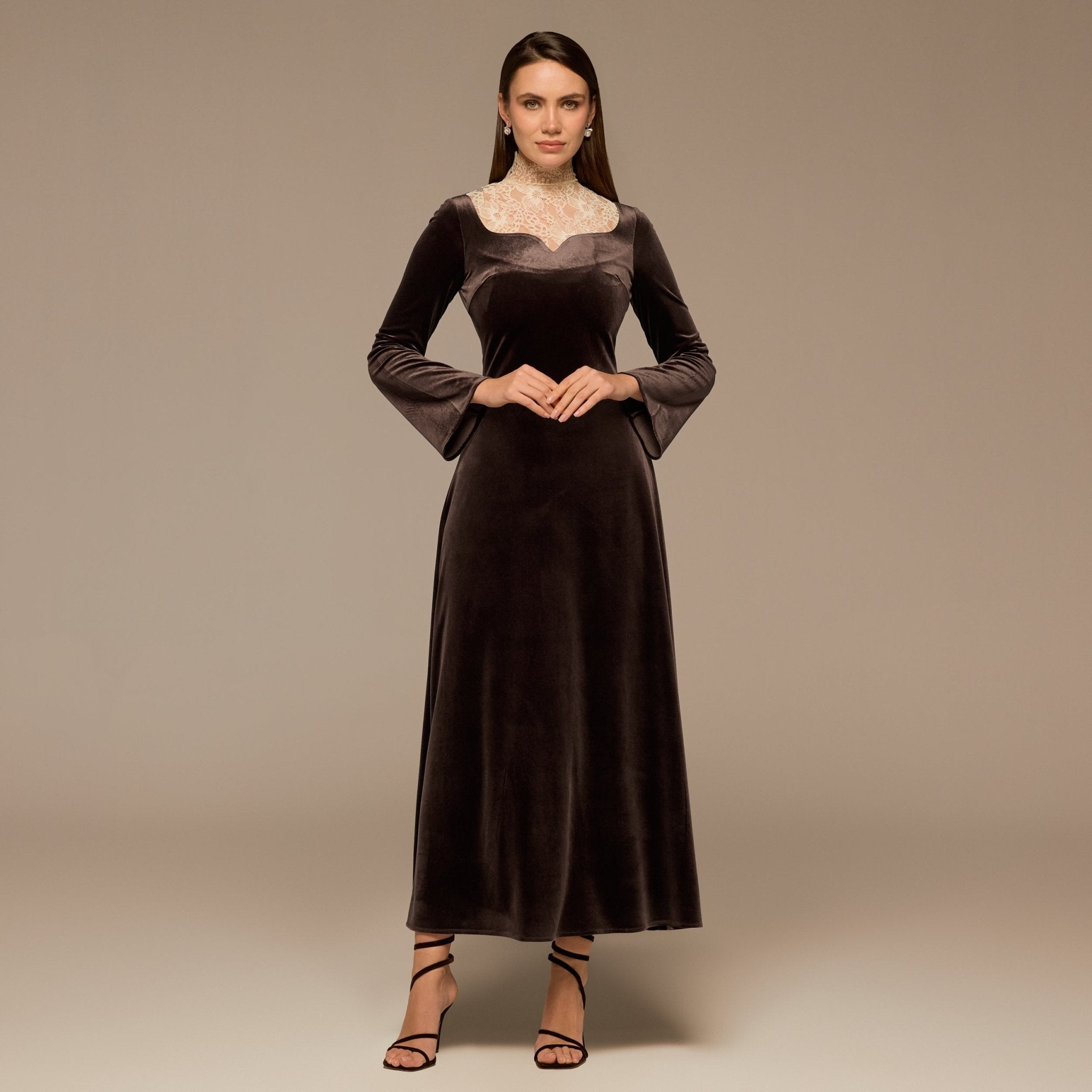 Brown Lace High - Neck Velvet Maxi Dress - shopaleena