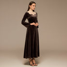 Brown Lace High - Neck Velvet Maxi Dress - shopaleena