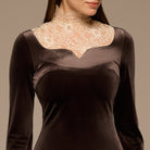 Brown Lace High - Neck Velvet Maxi Dress - shopaleena