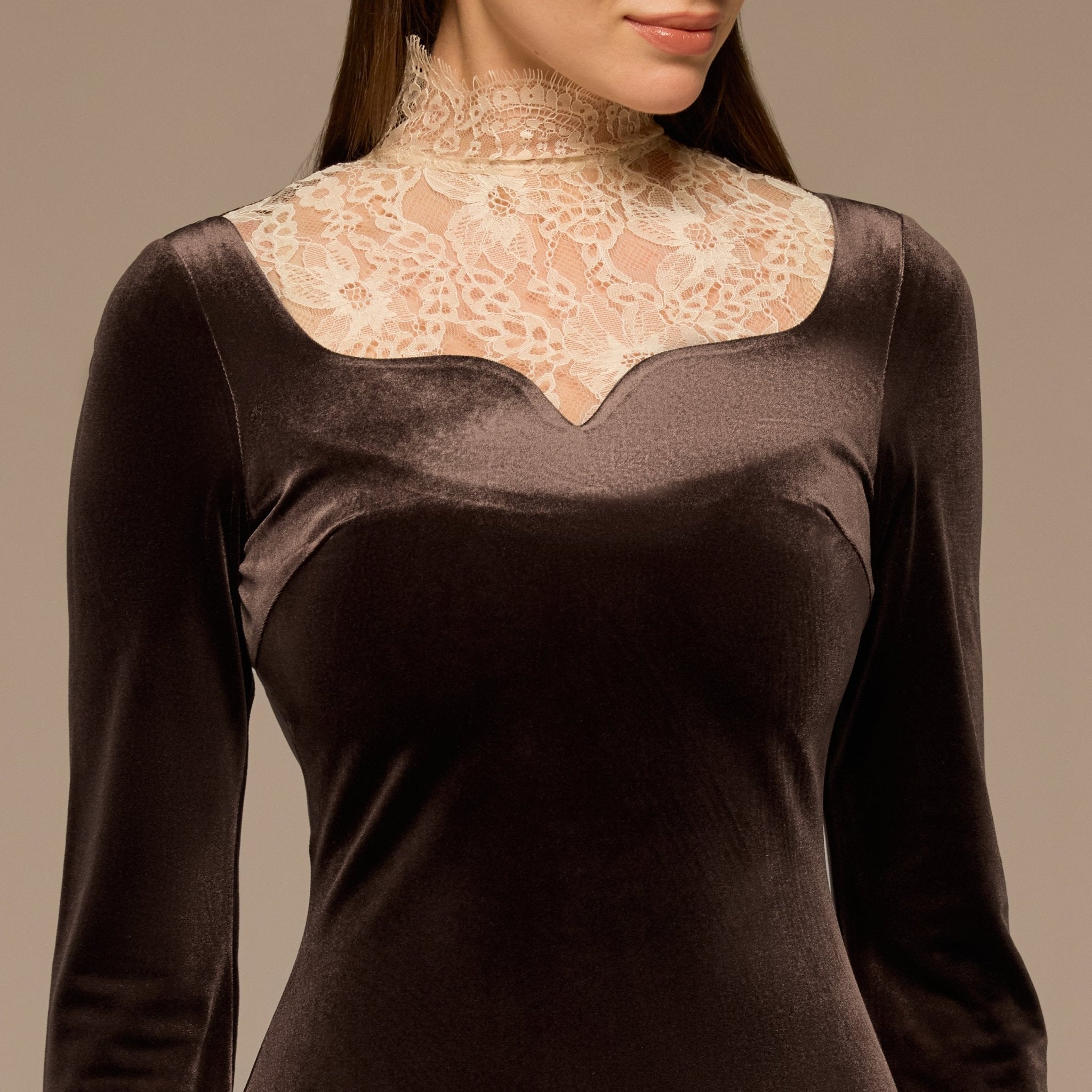 Brown Lace High - Neck Velvet Maxi Dress - shopaleena
