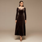 Brown Lace High - Neck Velvet Maxi Dress - shopaleena