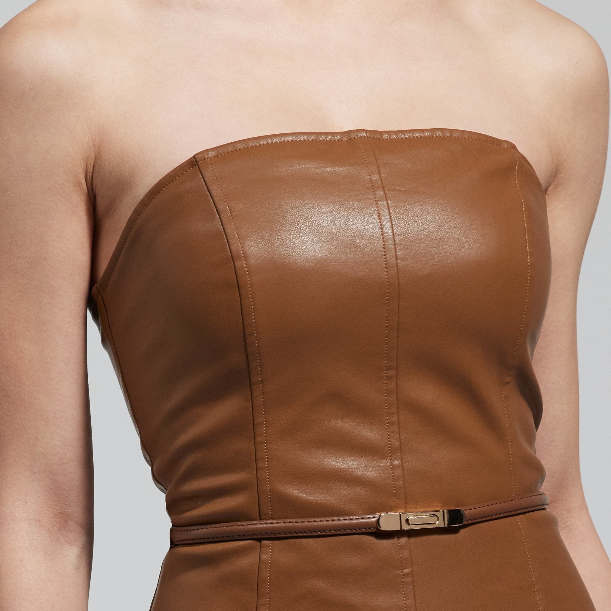 Brown Leather & Chiffon Pleated Maxi Dress - shopaleena