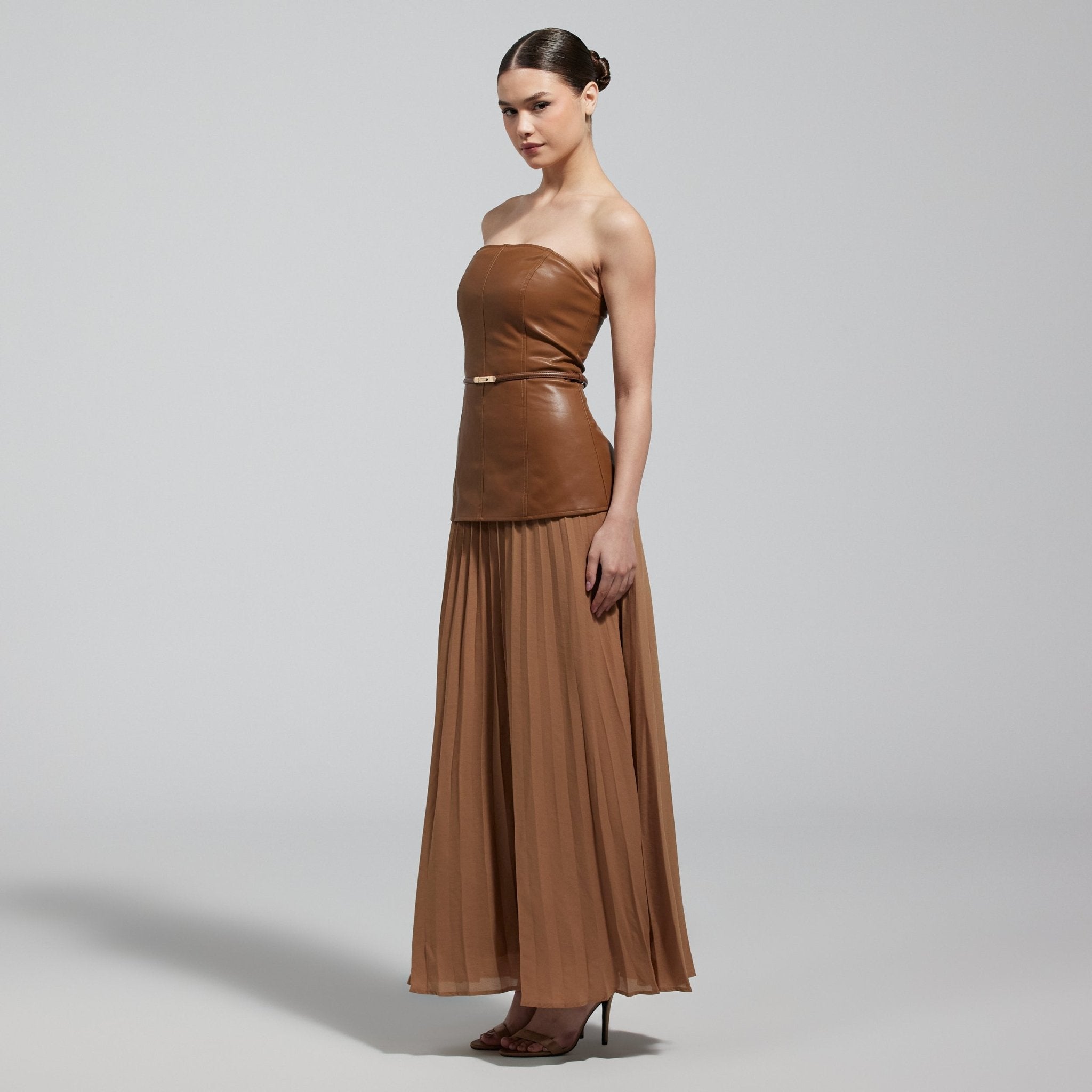 Brown Leather & Chiffon Pleated Maxi Dress - shopaleena