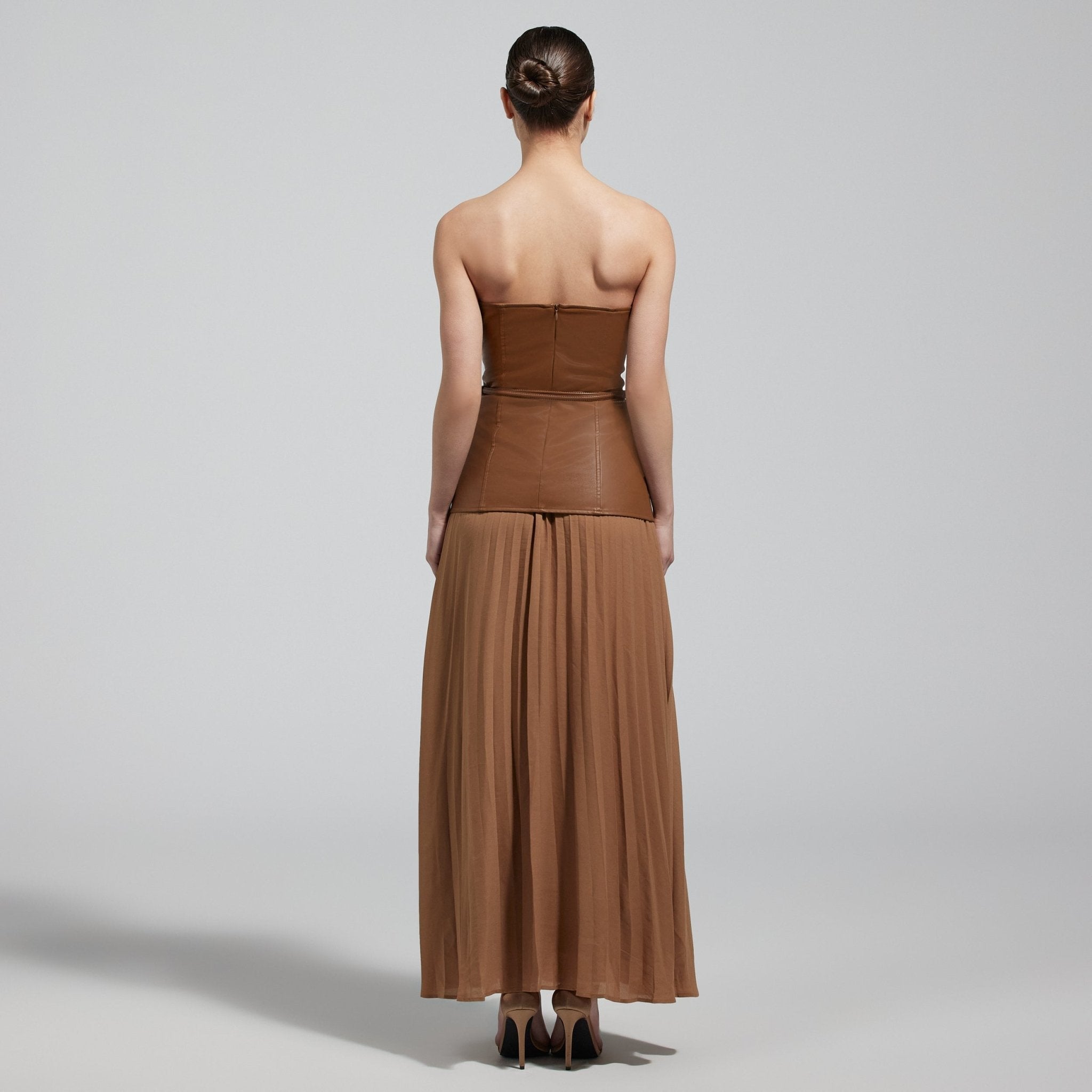 Brown Leather & Chiffon Pleated Maxi Dress - shopaleena