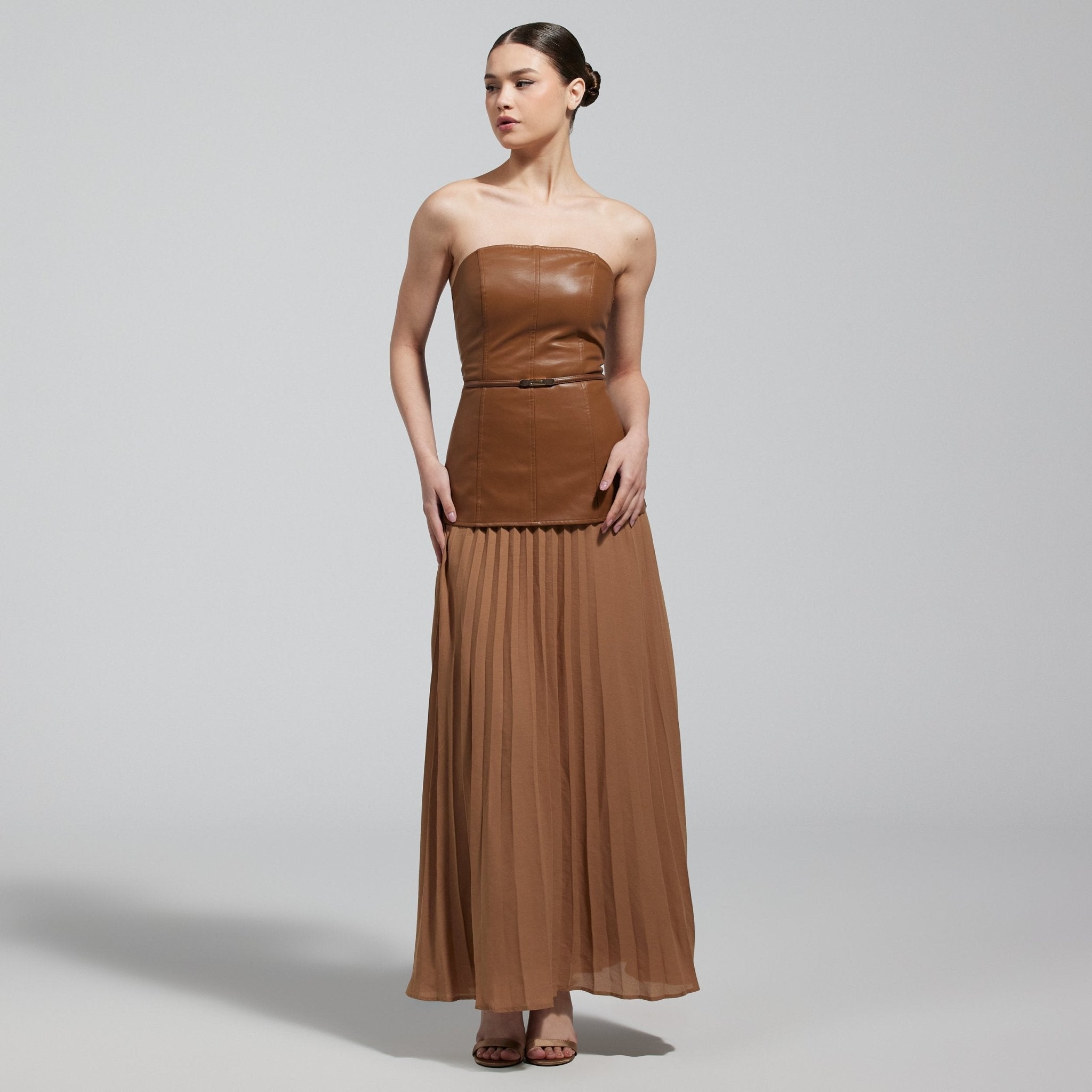 Brown Leather & Chiffon Pleated Maxi Dress - shopaleena