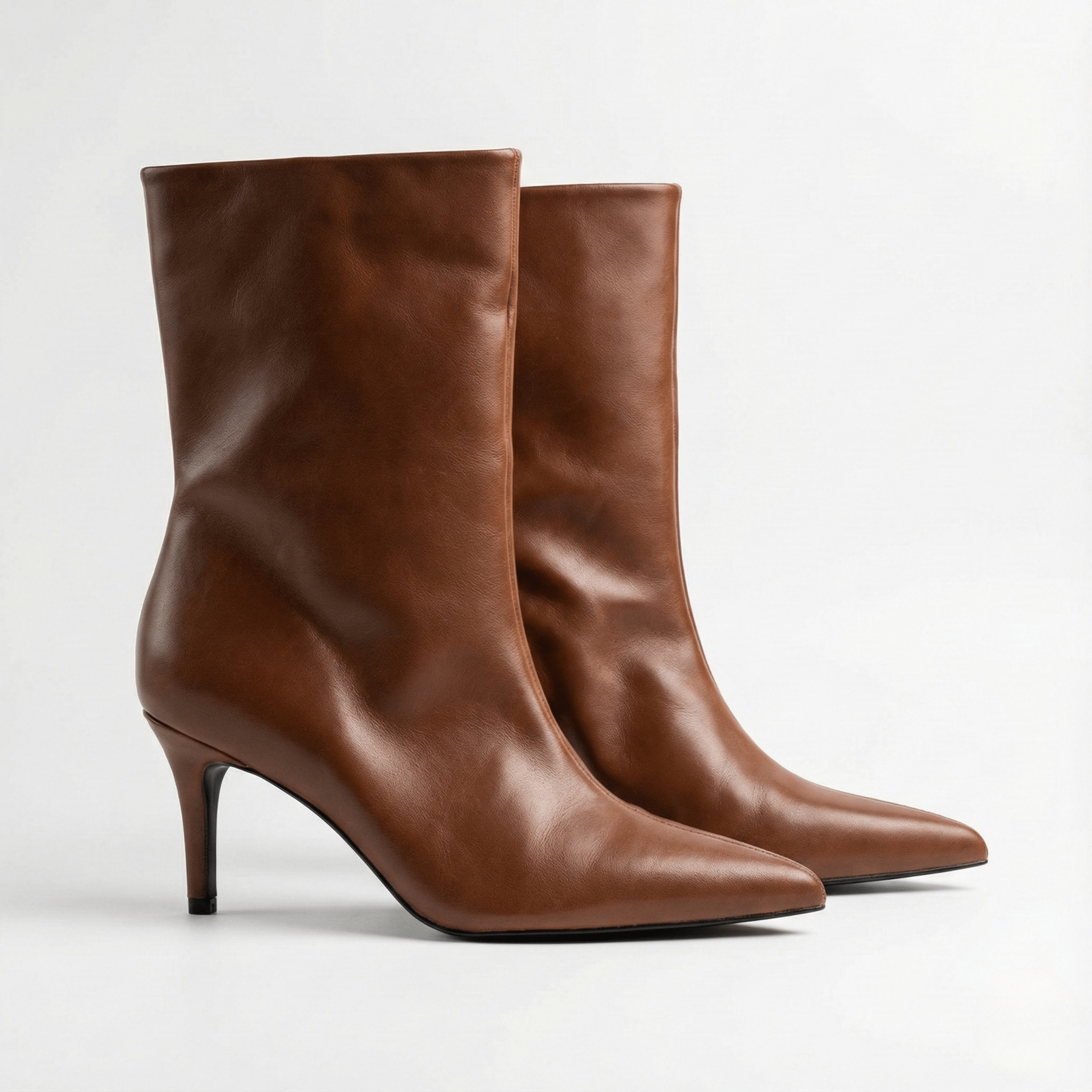 Brown Leather Mid - Calf High Heel Boots - shopaleena