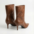 Brown Leather Mid - Calf High Heel Boots - shopaleena