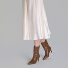 Brown Leather Mid - Calf High Heel Boots - shopaleena