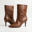 Brown Leather Mid - Calf High Heel Boots - shopaleena