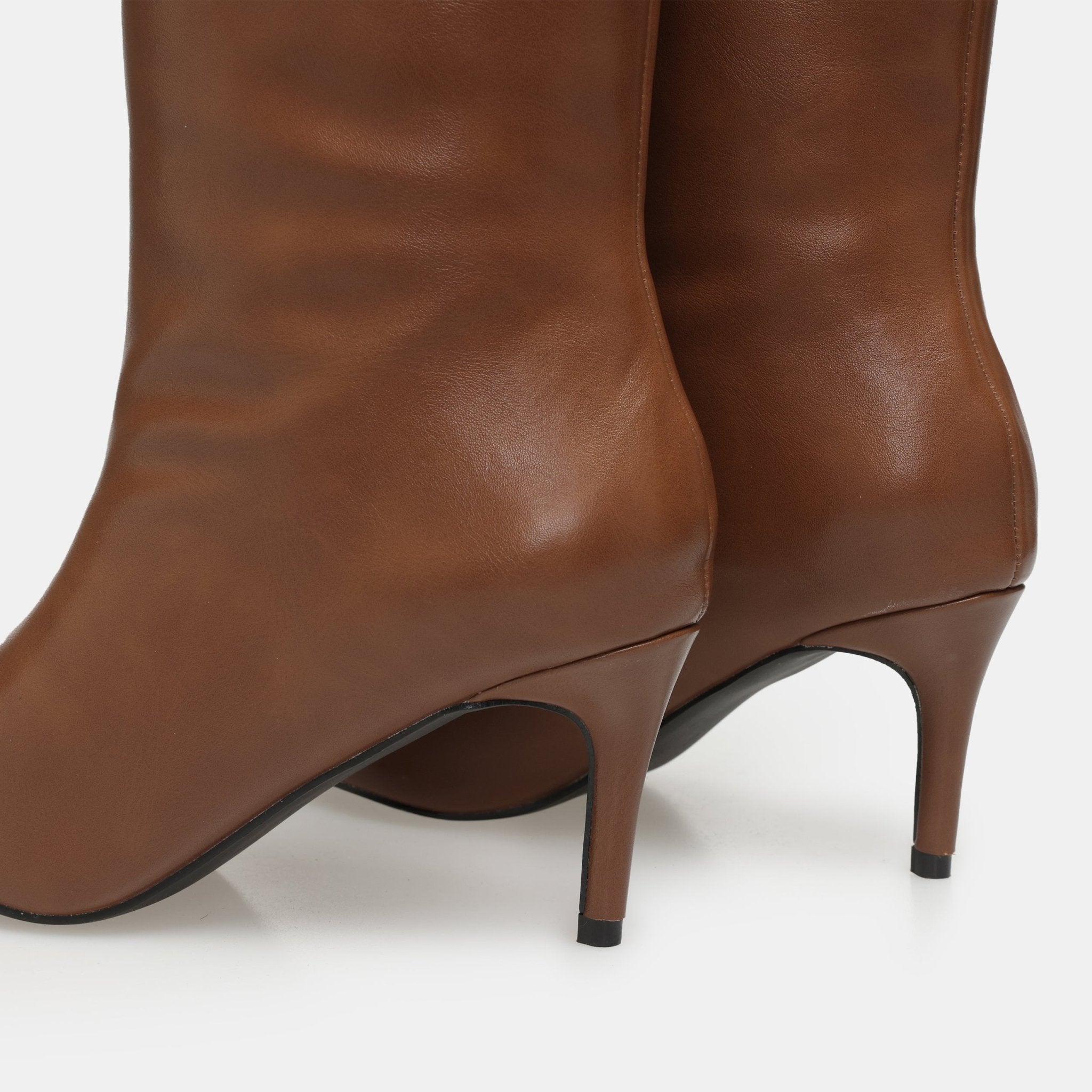 Brown Leather Mid - Calf High Heel Boots - shopaleena