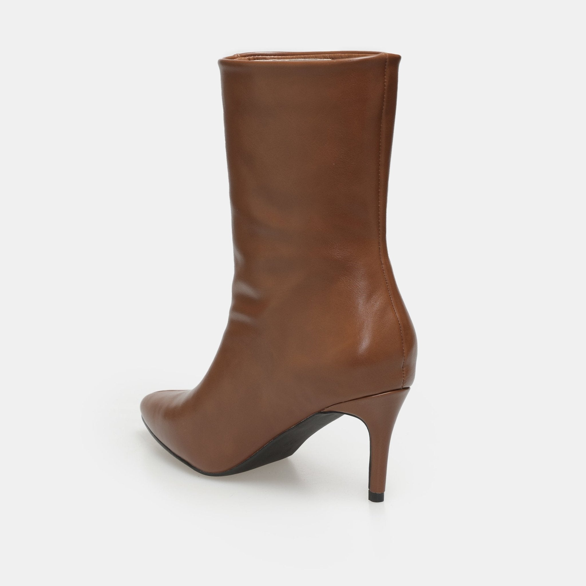Brown Leather Mid - Calf High Heel Boots - shopaleena