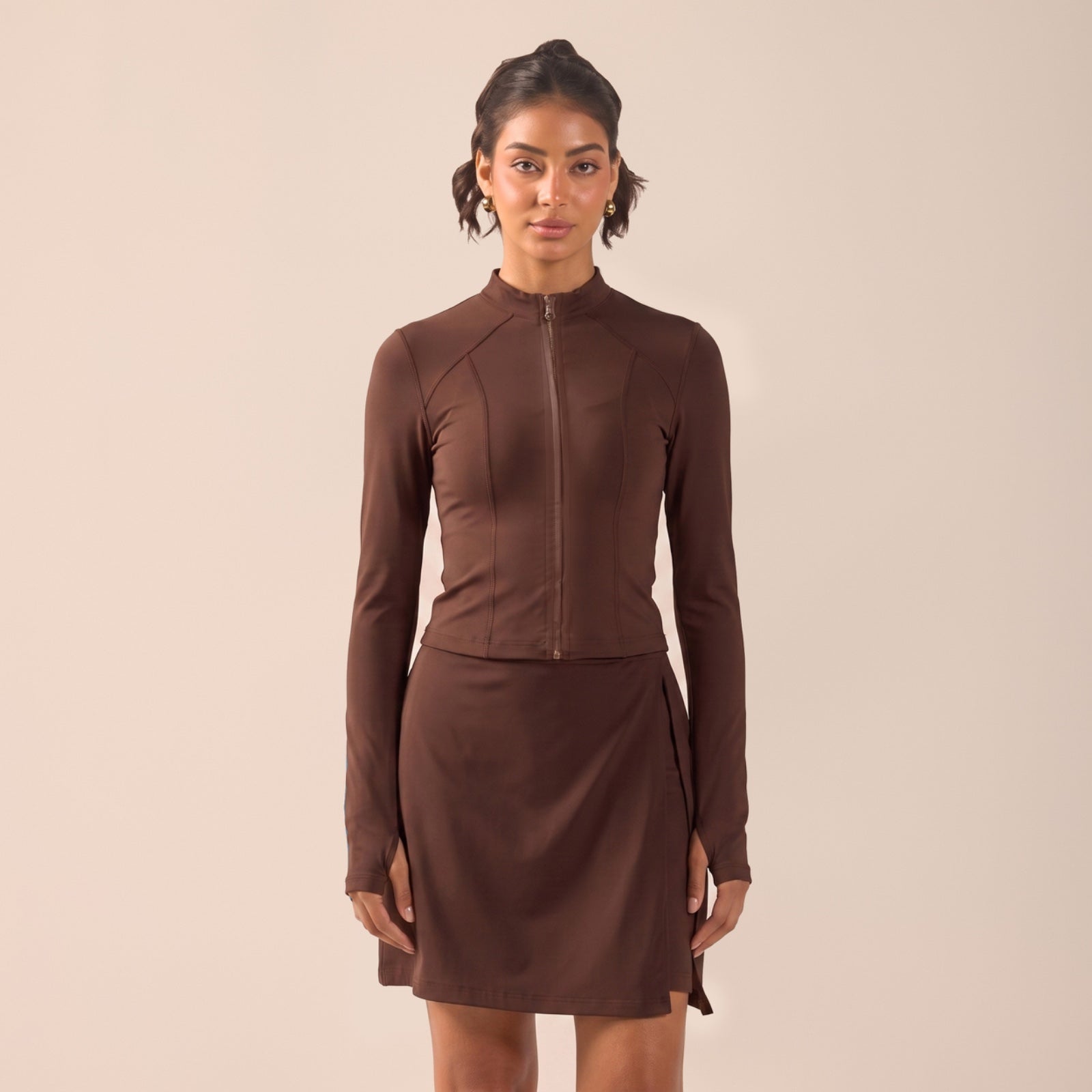 Brown Long Sleeve Front Zipper Swim Top - shopaleena