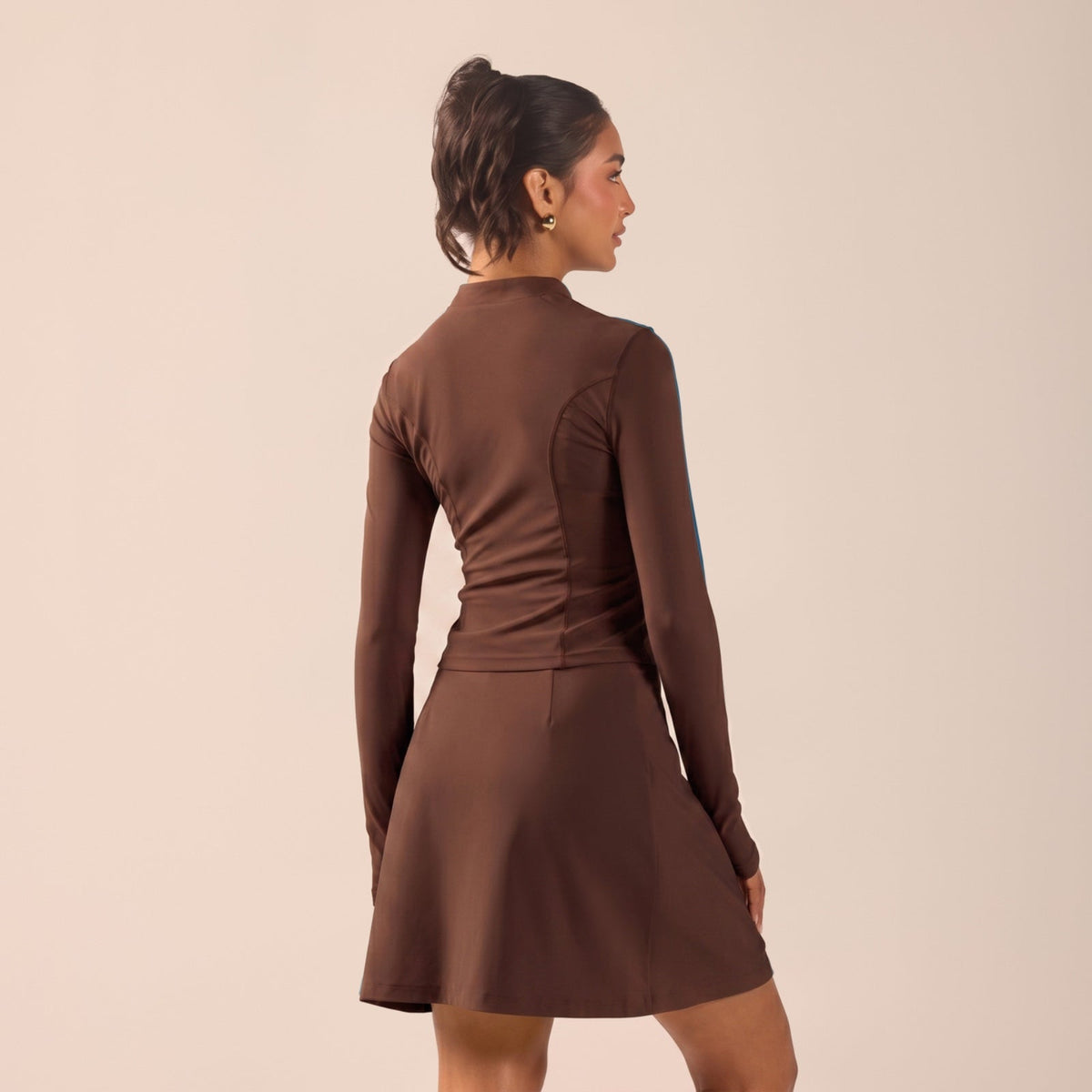 Brown Long Sleeve Front Zipper Swim Top - shopaleena