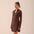 Brown Long Sleeve Front Zipper Swim Top - shopaleena