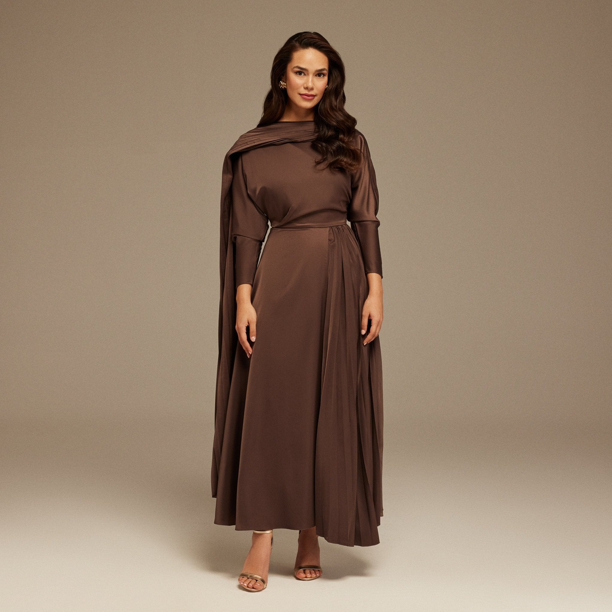 Brown Long Sleeve Midi Dress With Scarf – shopaleena