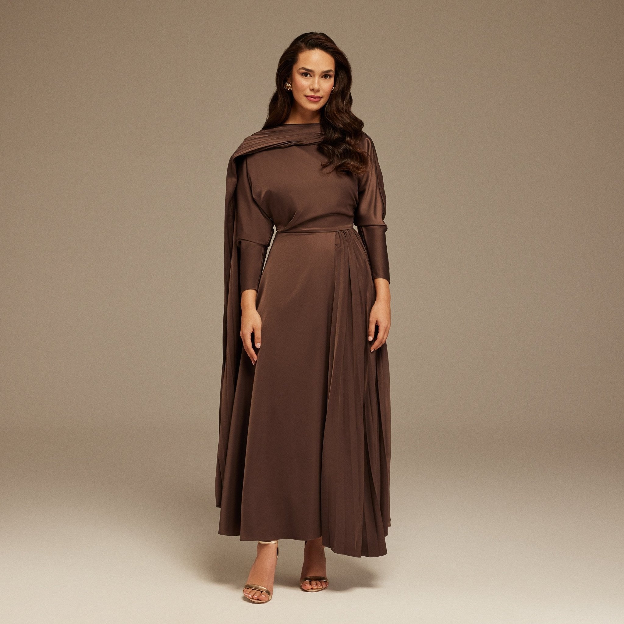 Brown Long Sleeve Midi Dress With Scarf - shopaleena