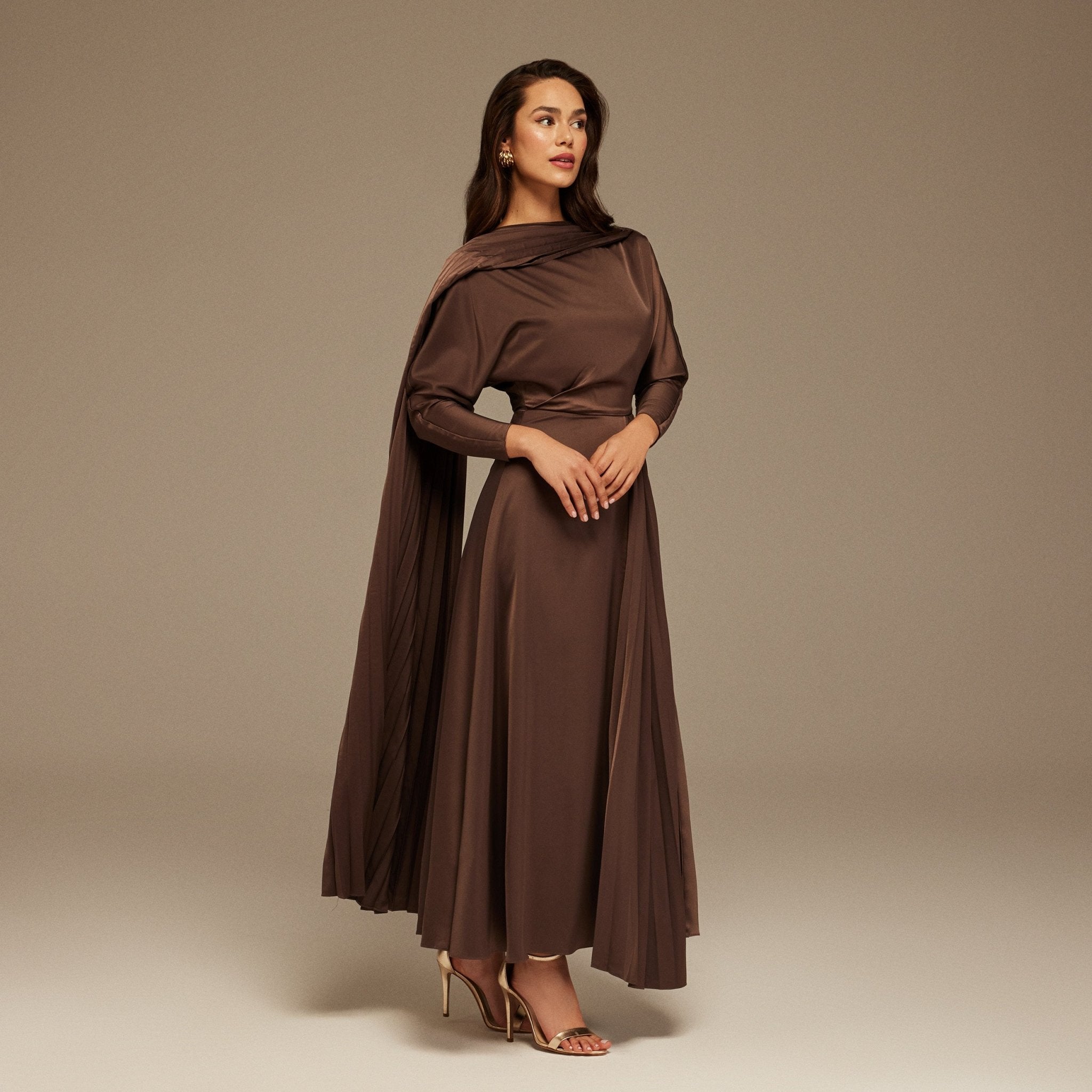 Brown Long Sleeve Midi Dress With Scarf – shopaleena
