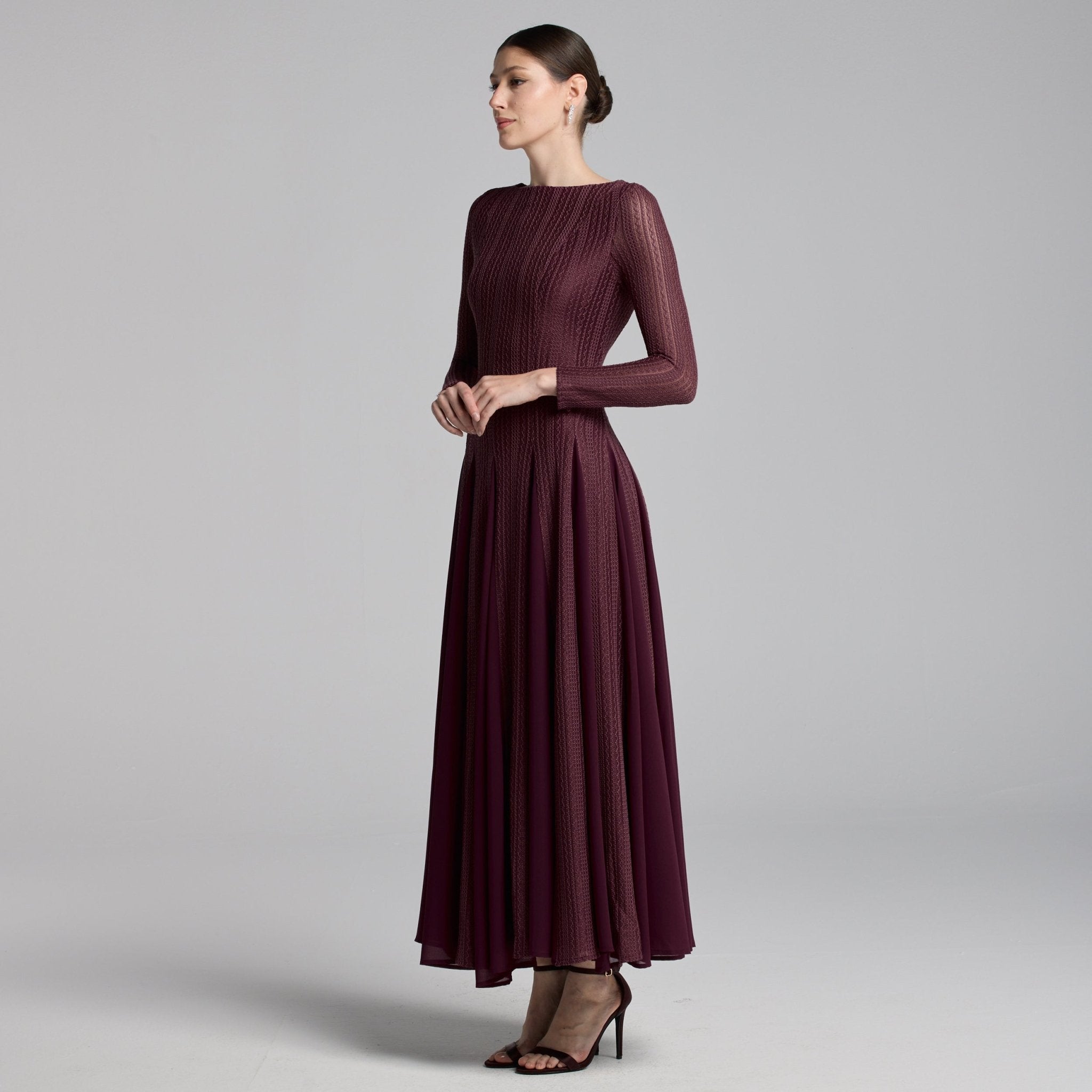 Brown Long Sleeves Godet Maxi Dress - shopaleena