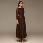 Brown Long Sleeves Godet Maxi Dress - shopaleena