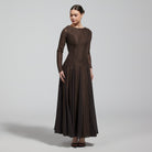 Brown Long Sleeves Godet Maxi Dress - shopaleena