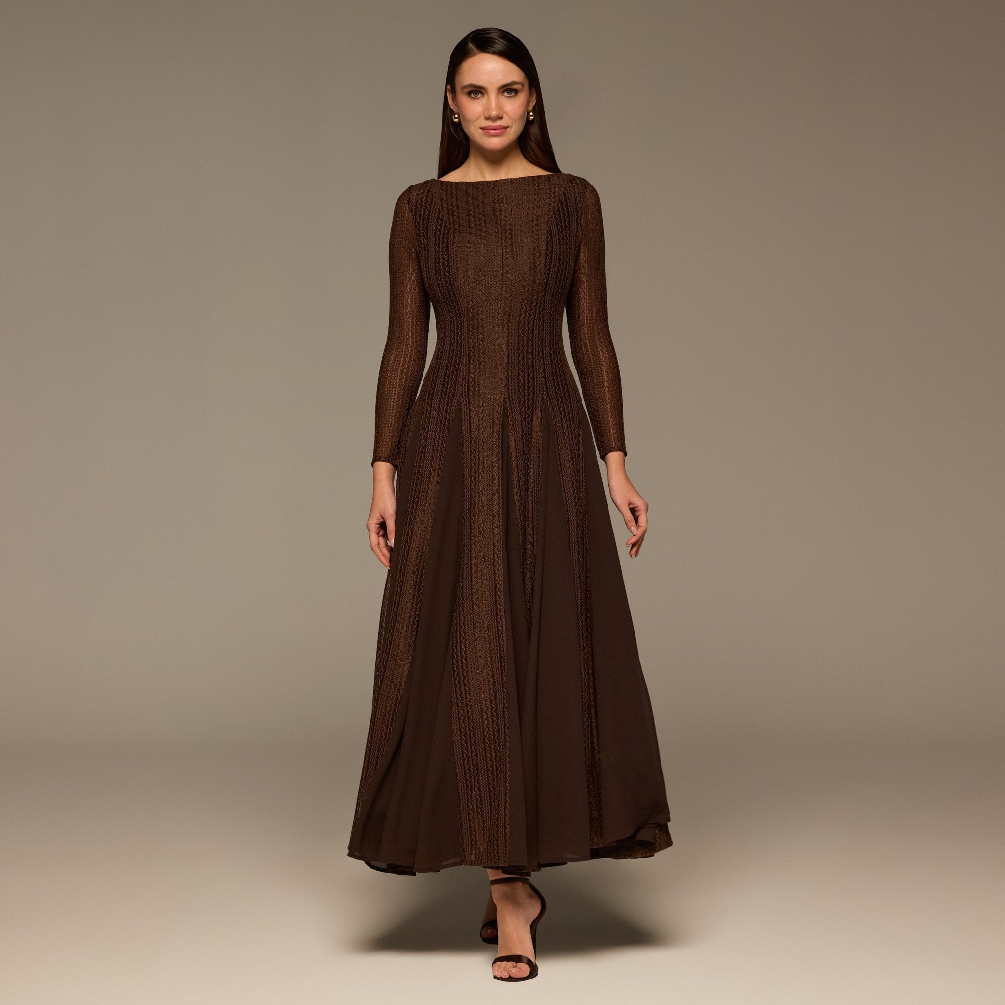 Brown Long Sleeves Godet Maxi Dress - shopaleena