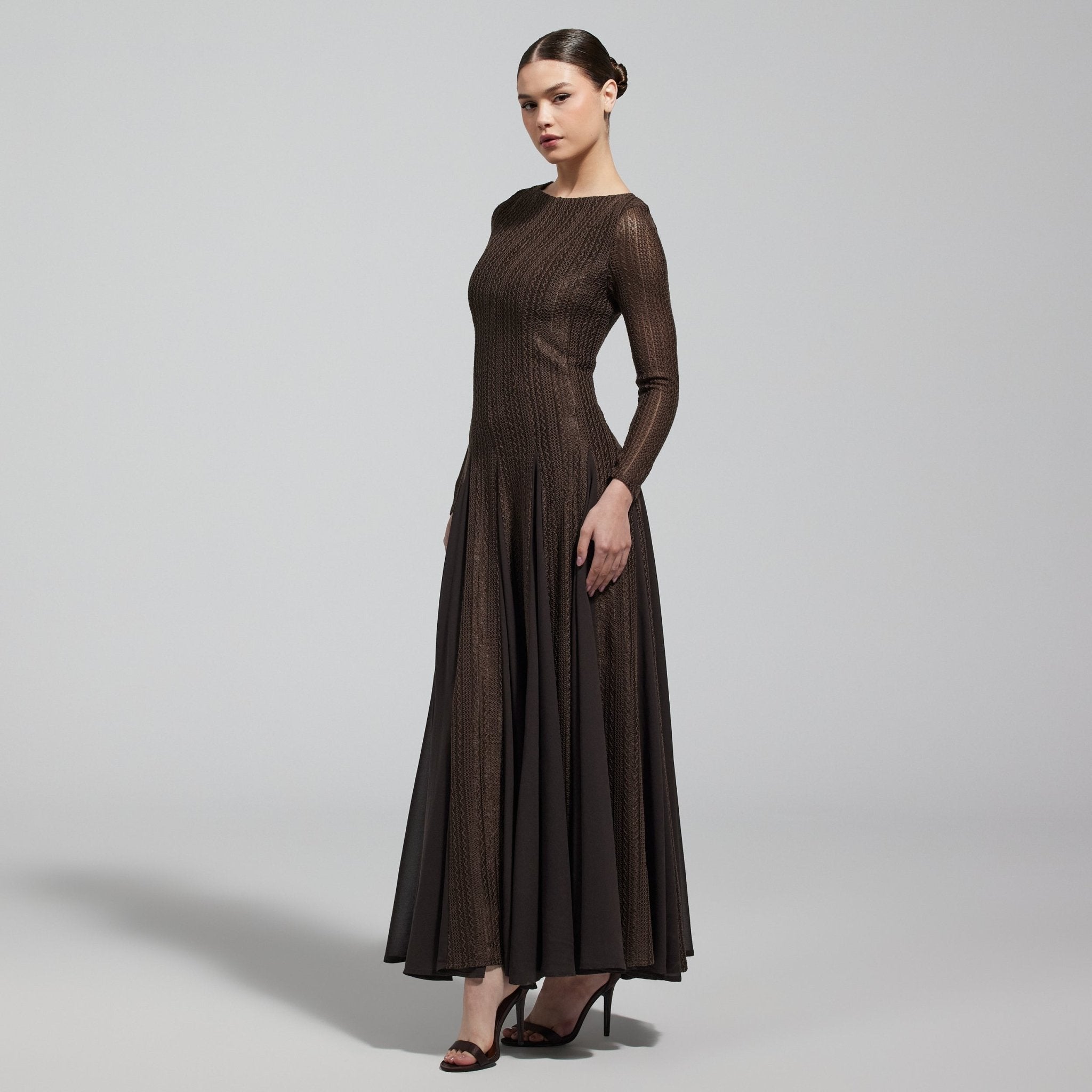 Brown Long Sleeves Godet Maxi Dress - shopaleena