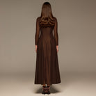 Brown Long Sleeves Godet Maxi Dress - shopaleena