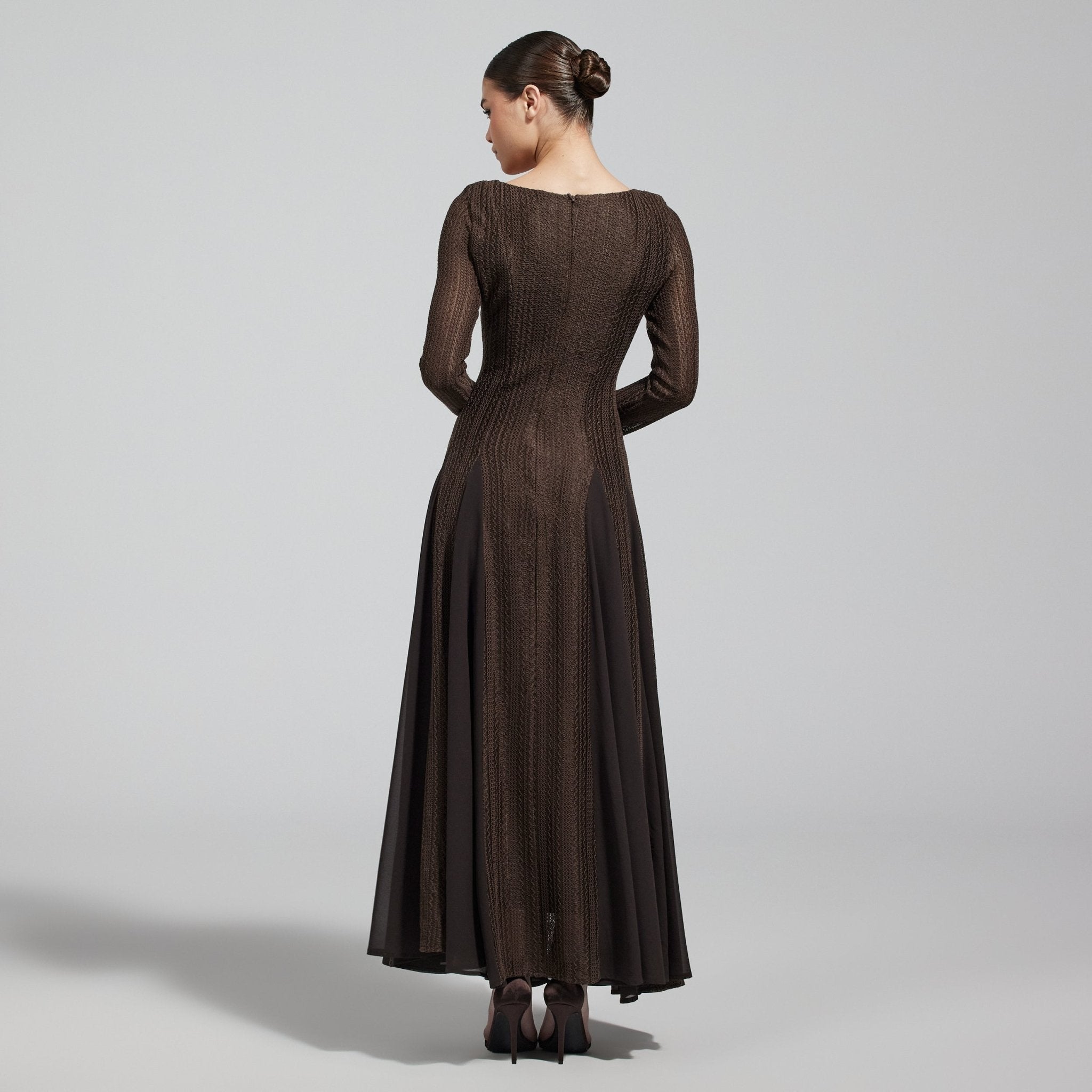 Brown Long Sleeves Godet Maxi Dress - shopaleena